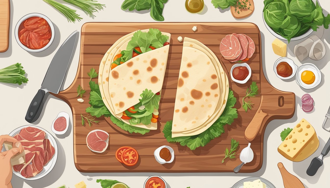 A person preparing a piadina with fresh vegetables, cheese, and cured meats on a wooden cutting board, surrounded by ingredients and cooking utensils