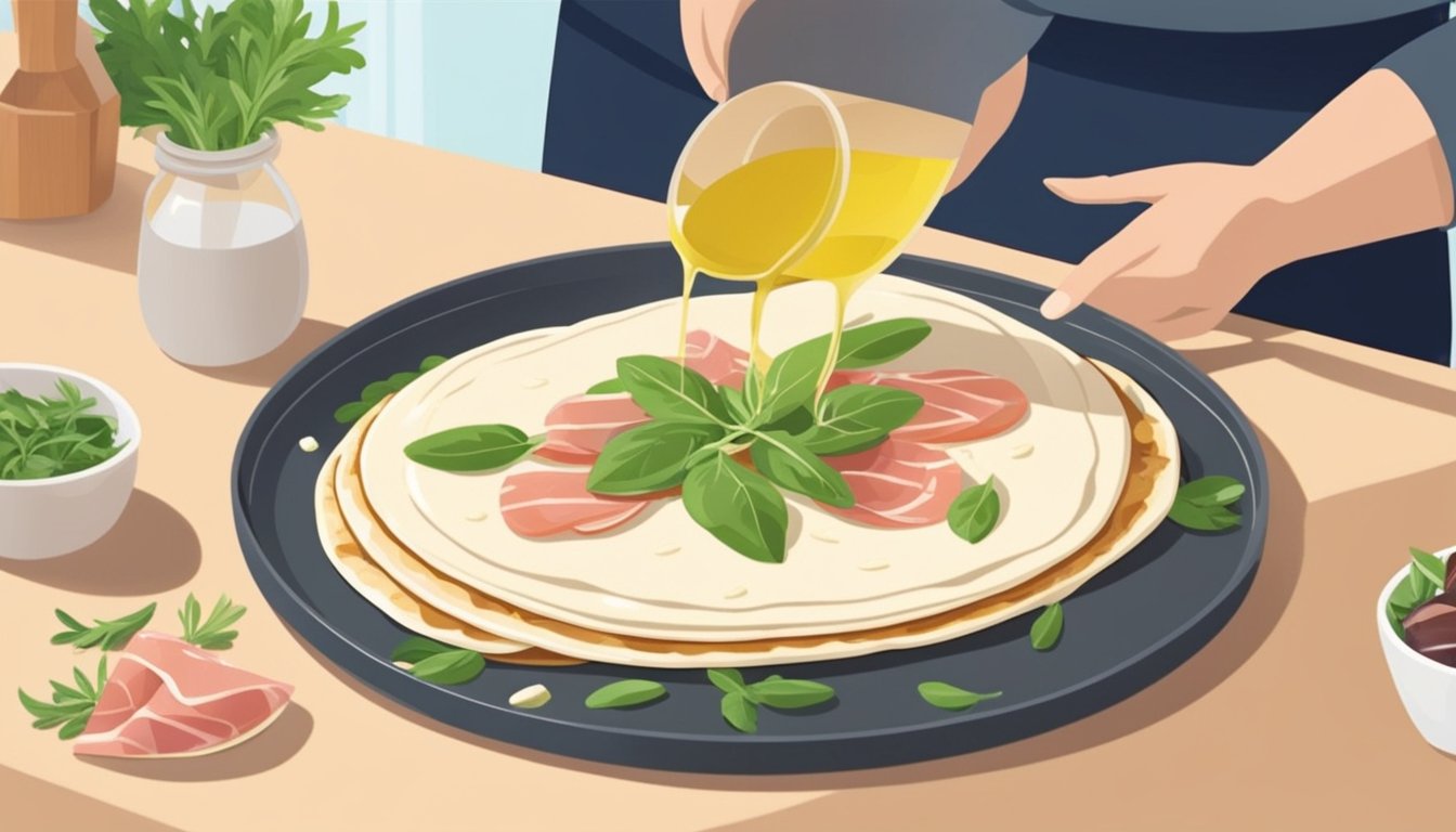 A person spreads a thin layer of olive oil on a flat, round piadina before adding fresh arugula, prosciutto, and mozzarella