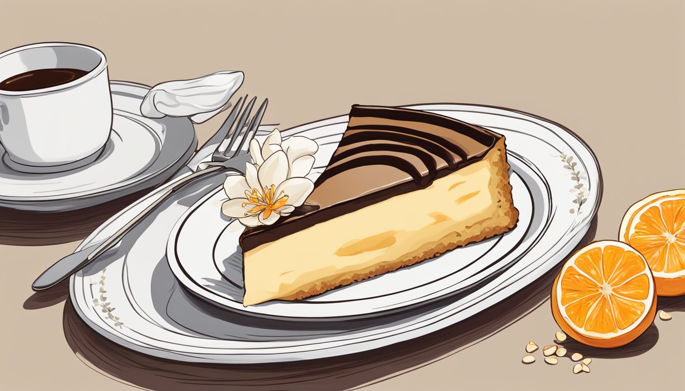 A slice of pastiera napoletana on a plate with a fork beside it, surrounded by a scattering of orange blossom petals and a cup of espresso on the side