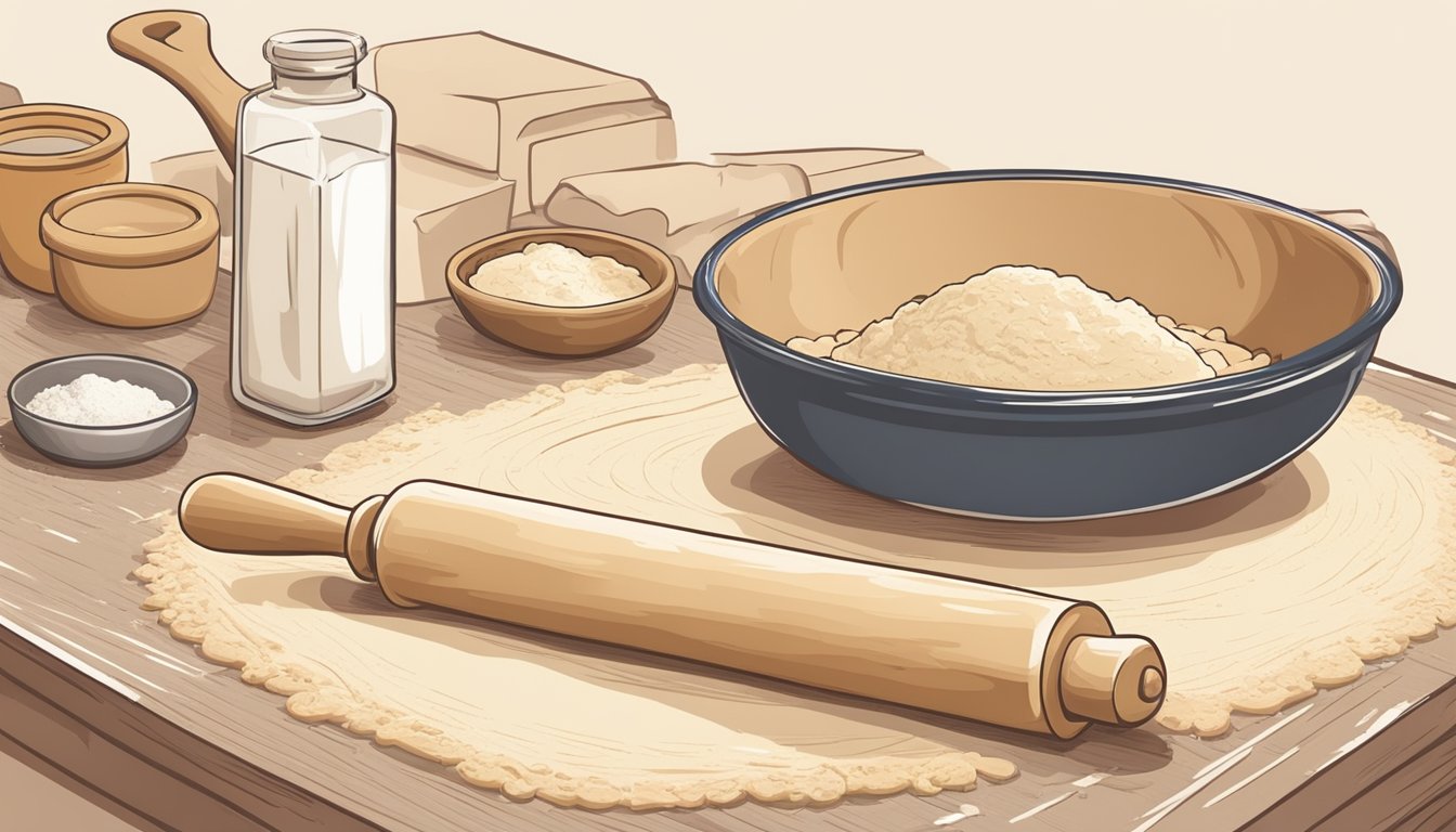 A rolling pin flattens dough on a floured surface, while a bowl of ingredients sits nearby