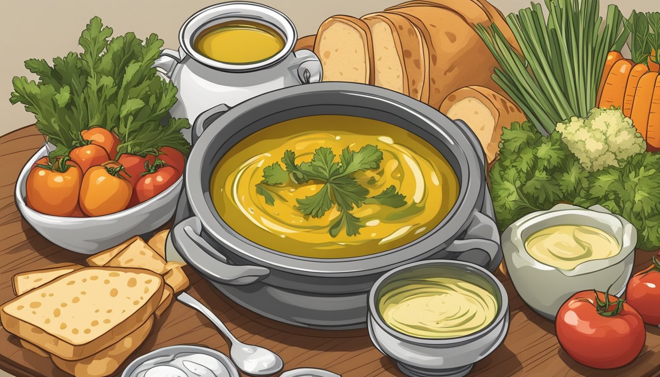 A table set with a bubbling pot of bagna cauda surrounded by assorted vegetables and bread for dipping