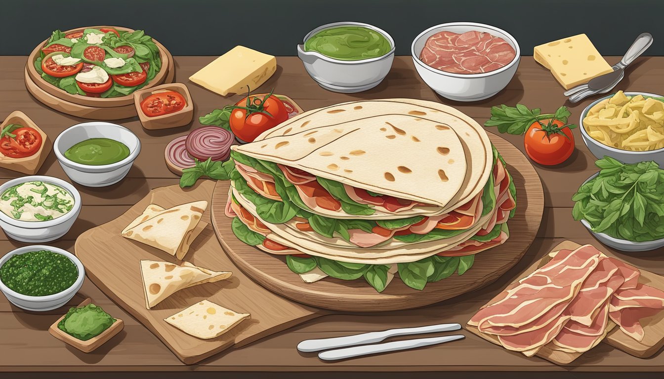 A table with a freshly made piadina surrounded by an assortment of fillings and toppings, such as prosciutto, cheese, arugula, tomatoes, and pesto, ready to be assembled