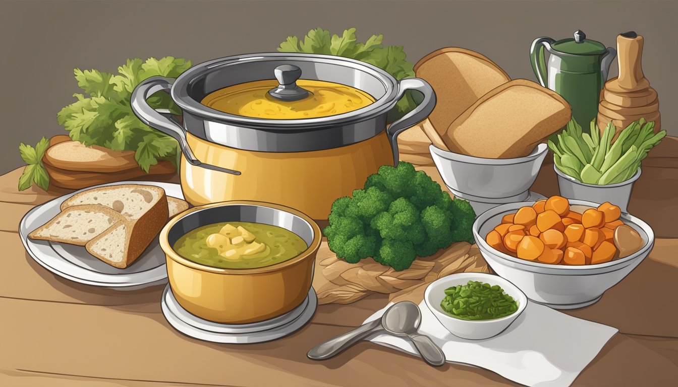 A table set with a steaming pot of bagna cauda surrounded by fresh vegetables and bread for dipping