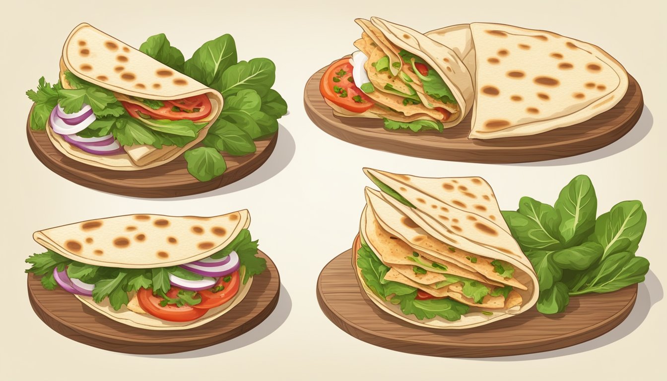 A piadina is placed on a wooden board with a side of fresh greens and a variety of fillings, ready to be folded and eaten