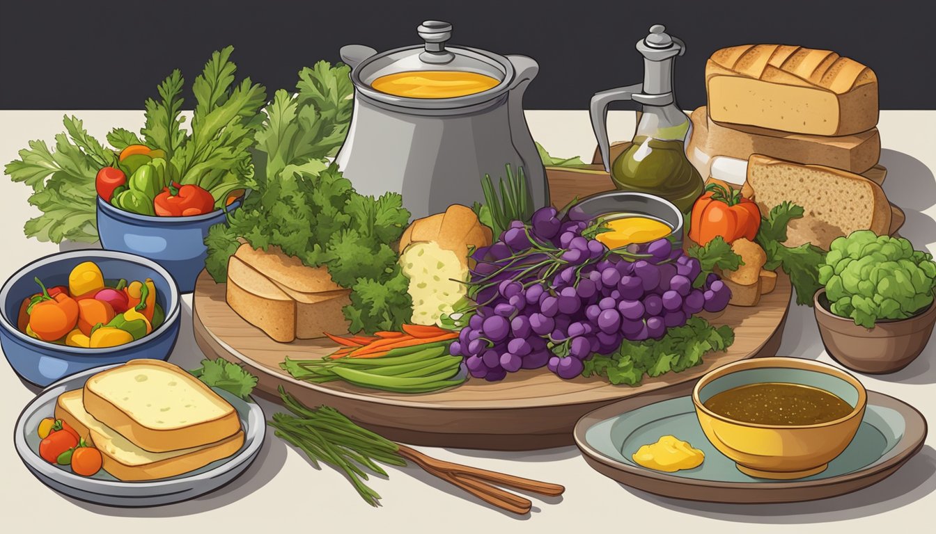 A table set with a steaming pot of bagna cauda surrounded by an array of colorful vegetables and crusty bread for dipping