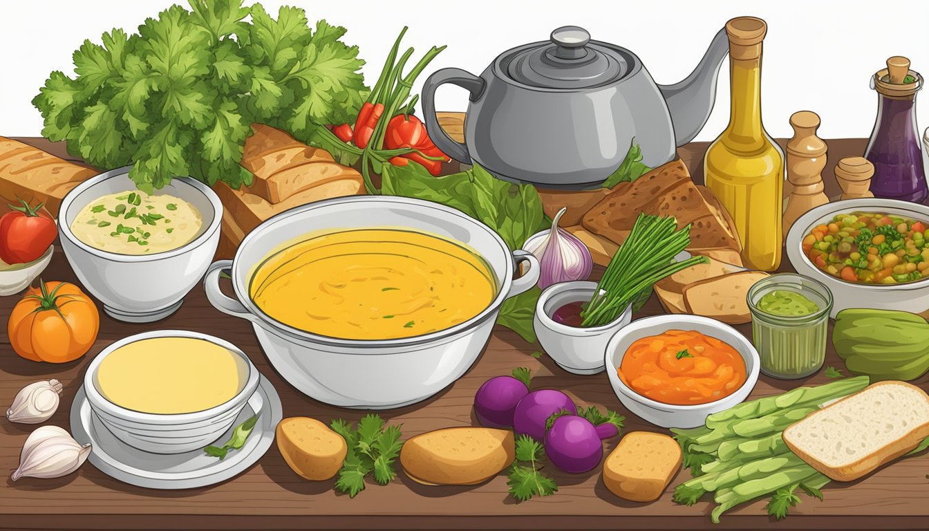 A table set with a steaming pot of bagna cauda surrounded by an assortment of fresh vegetables and bread for dipping