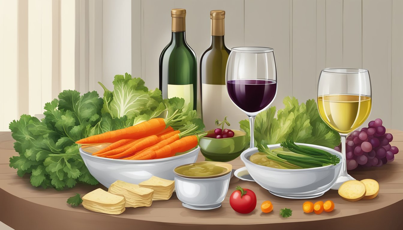 A table set with assorted vegetables and a warm pot of bagna cauda surrounded by glasses of wine and water