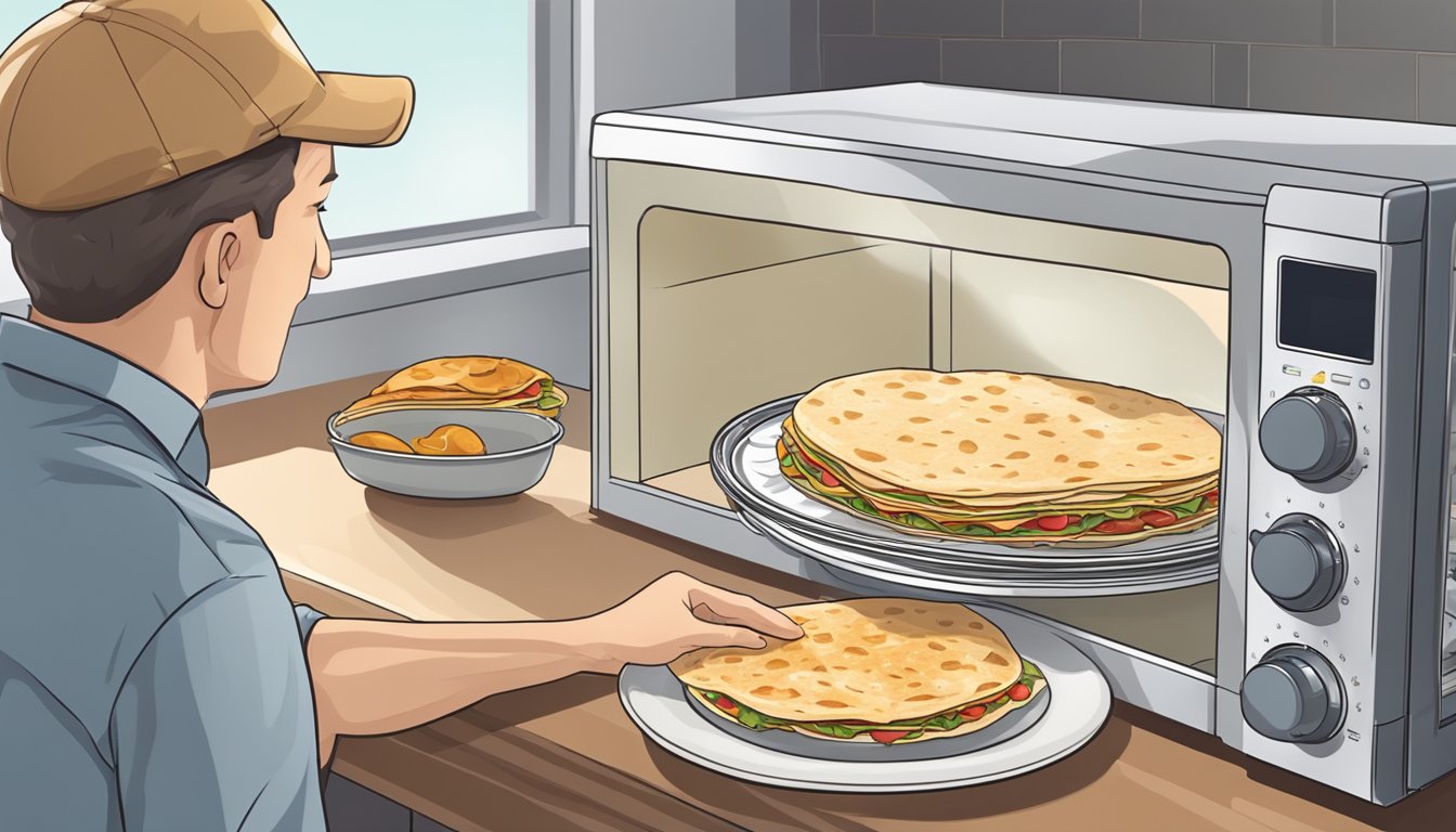 A person placing a piadina on a plate, covering it with a lid, and placing it in the microwave