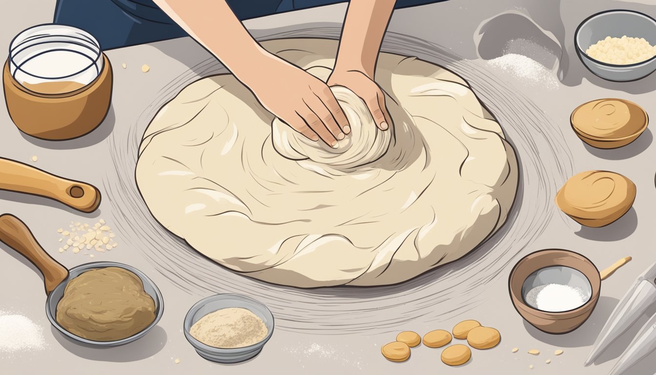 A pair of hands kneading dough on a floured surface, with a bowl of ingredients nearby and a rolling pin on the side