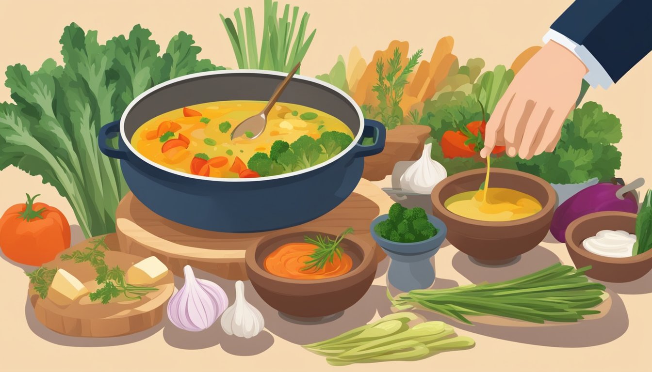 A steaming pot of bagna cauda sits on a table surrounded by colorful vegetables and crusty bread. A person dips a vegetable into the rich, aromatic sauce