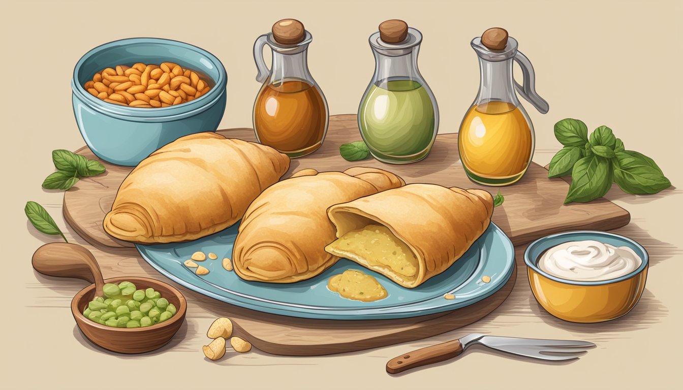 A table with a plate of freshly assembled panzerotti, surrounded by various ingredients and cooking utensils