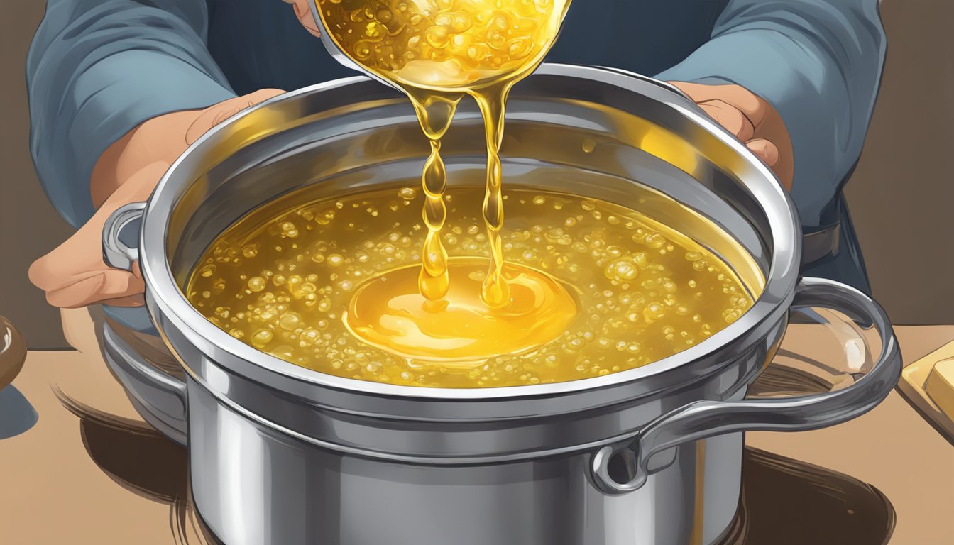 A panzarotti being dipped into a bubbling pot of hot oil