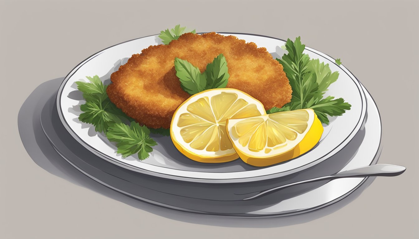 A plate with a golden-brown, breaded and fried veal cutlet, served with a slice of lemon and a garnish of fresh herbs