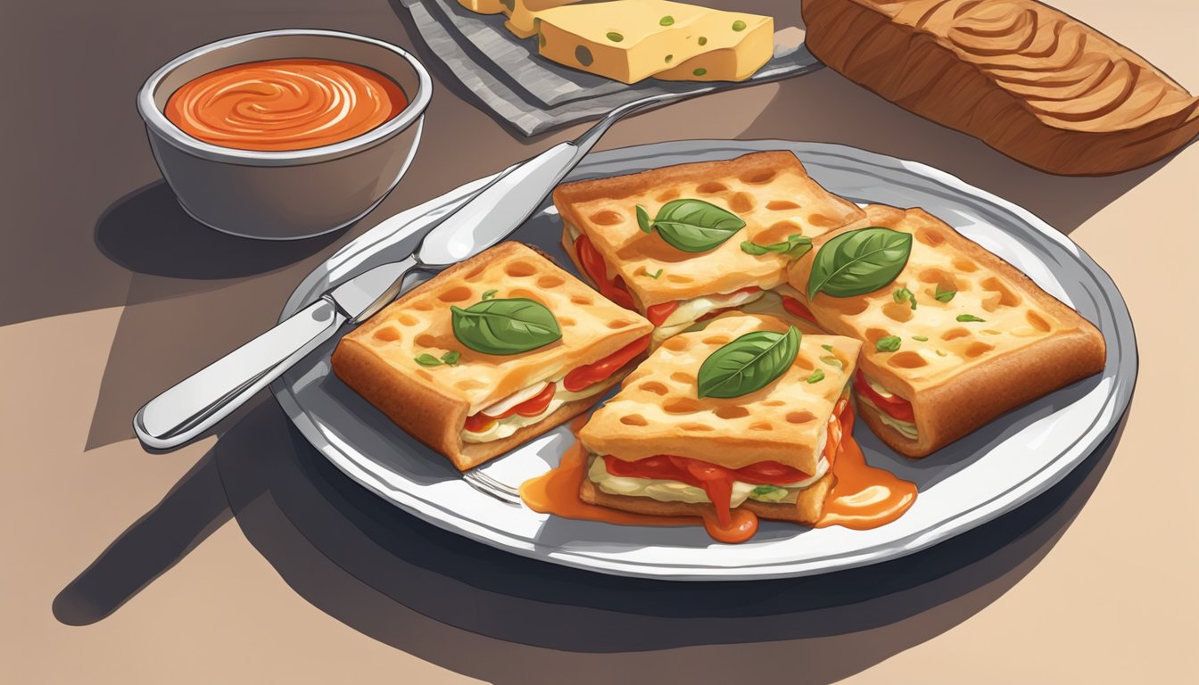 A panzarotti is sliced open and filled with cheese and tomato sauce before being eaten with a fork and knife