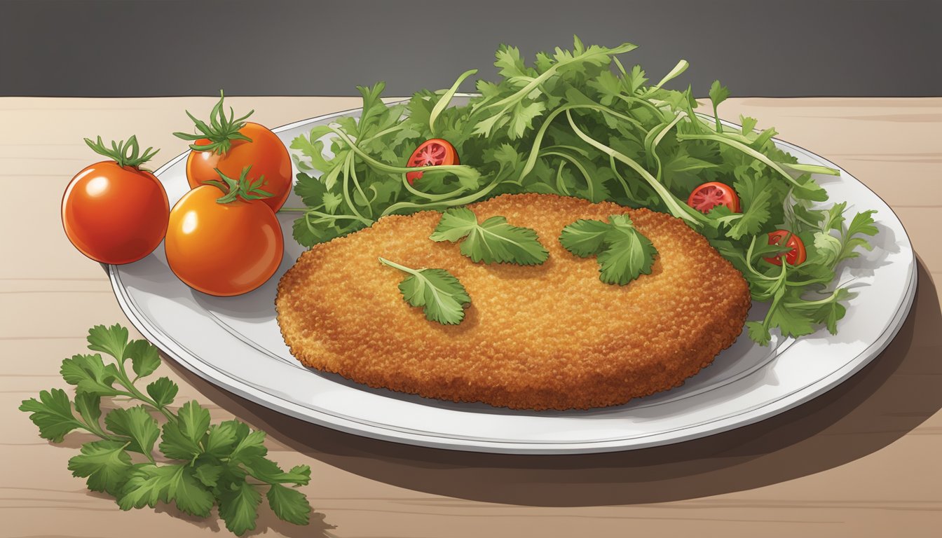 A golden-brown cotoletta alla milanese sits on a white plate, garnished with a slice of lemon and a sprig of parsley. A side of arugula salad and cherry tomatoes completes the meal