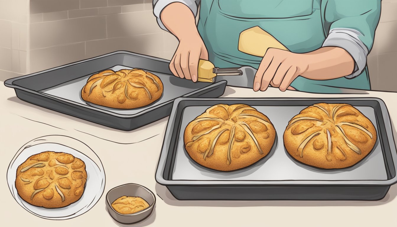 A panzarotti being removed from a storage container and placed onto a baking sheet before being reheated in the oven