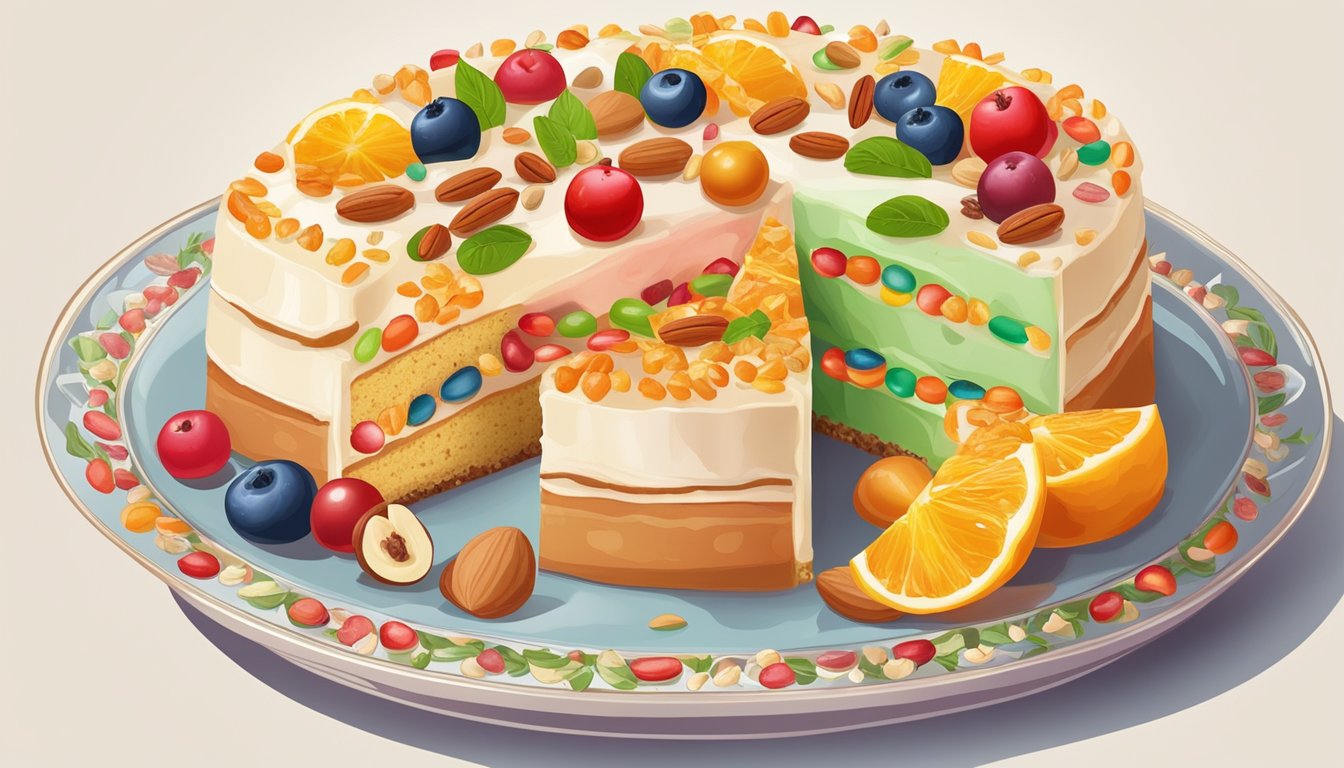 A colorful slice of cassata cake surrounded by candied fruits and nuts on a decorative platter