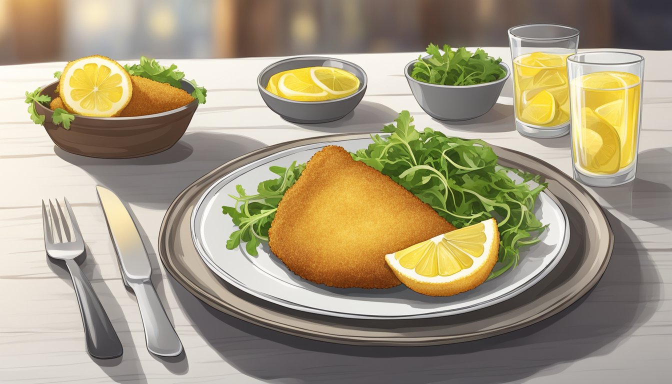 A plate with a golden, breaded cotoletta alla milanese served with a wedge of lemon and a side of fresh arugula salad