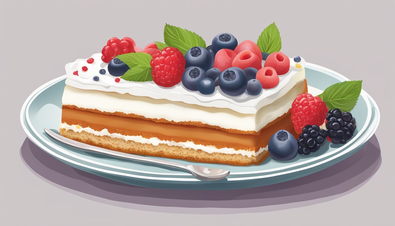 A slice of cassata on a plate, surrounded by fresh berries and a dollop of whipped cream