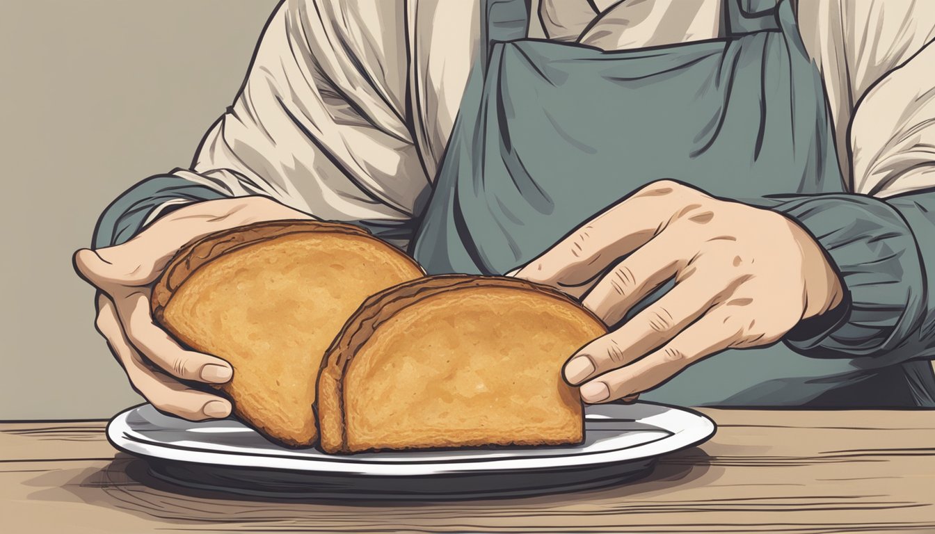 A person holding a piece of pane carasau with both hands, taking a bite out of it. The pane carasau is thin and crispy, with a golden brown color