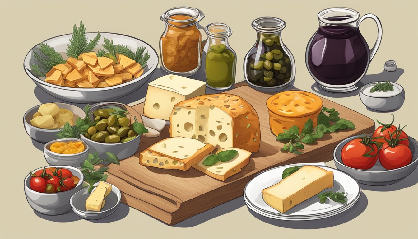 A table set with a plate of pane carasau, accompanied by various toppings and condiments, such as cheese, olives, tomatoes, and herbs