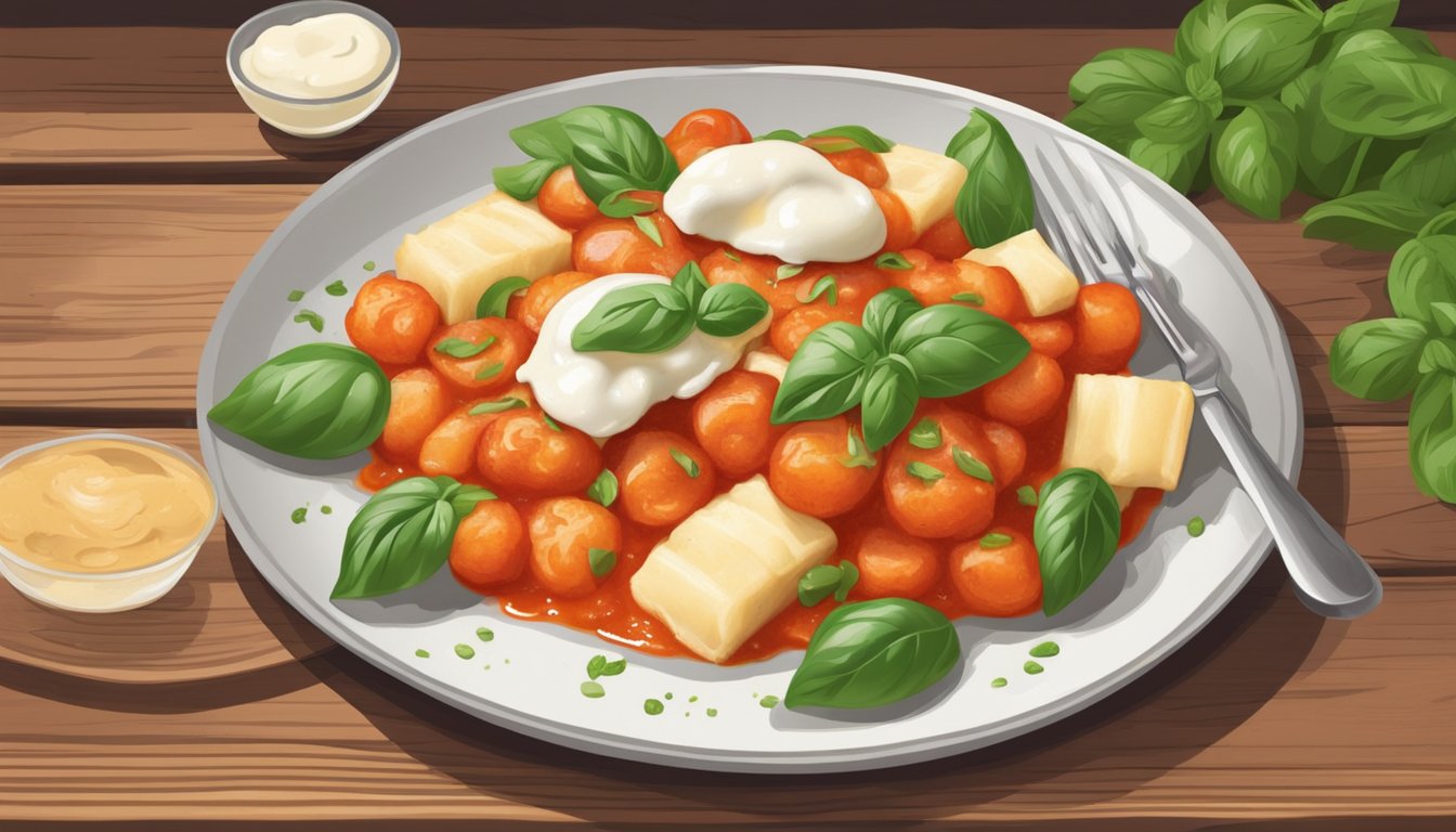 A plate of gnocchi alla sorrentina being served on a rustic wooden table, topped with melted mozzarella and fresh basil, surrounded by a vibrant tomato sauce