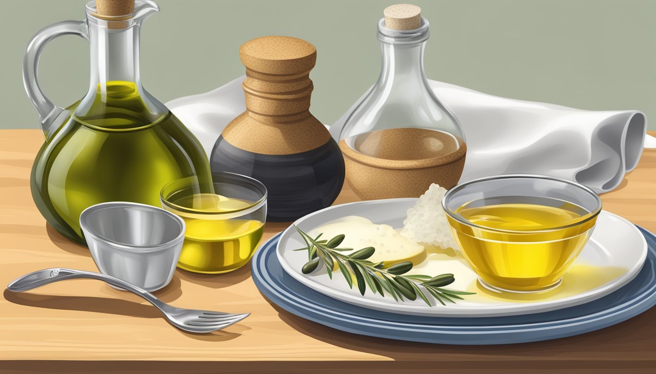 A table set with a plate of pane carasau, a bottle of olive oil, and a small dish of salt