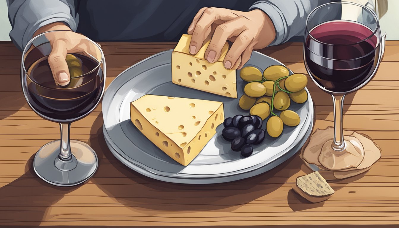 A pair of hands holding a piece of pane carasau over a table with a plate of cheese, olives, and a glass of wine