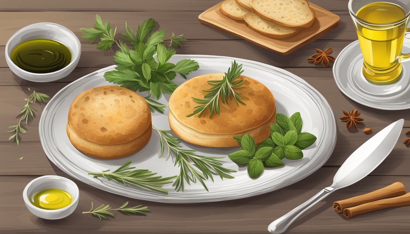 A table set with a plate of pane carasau, accompanied by a bowl of olive oil and a selection of fresh herbs and spices for dipping