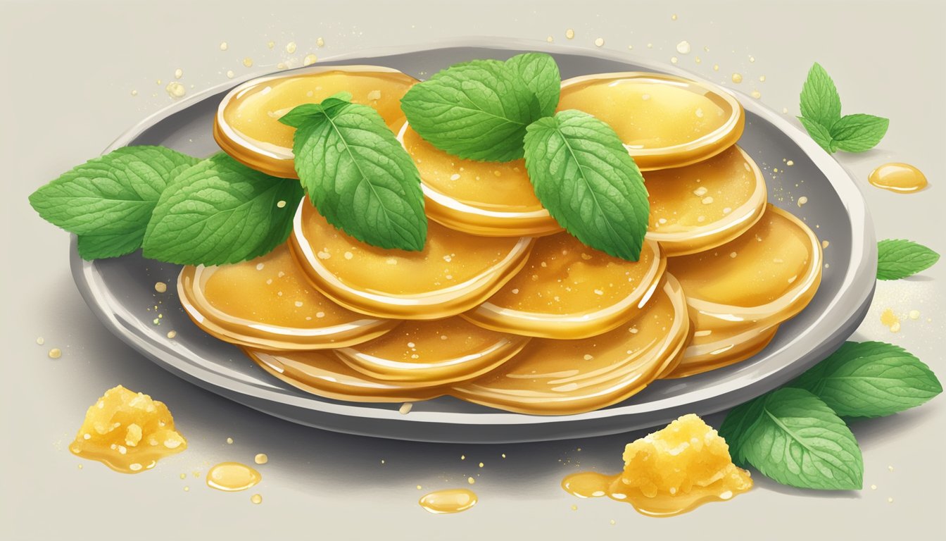 A plate of golden seadas drizzled with honey, surrounded by scattered fresh mint leaves and a sprinkle of powdered sugar