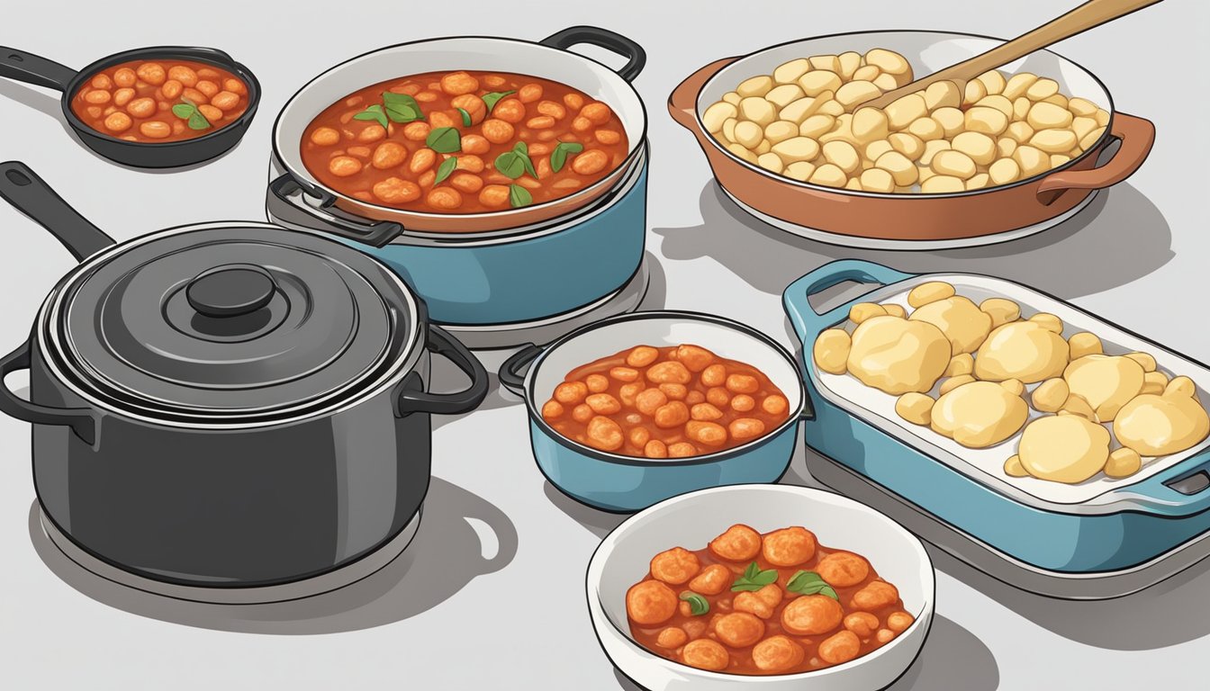 A pot of boiling water with gnocchi being dropped in, a pan of tomato sauce simmering on the stove, and a baking dish filled with layers of gnocchi, tomato sauce, and mozzarella cheese ready to go into the oven