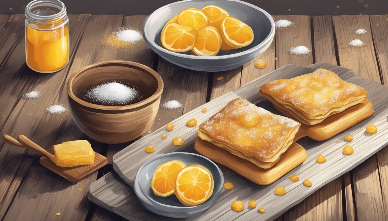 A seadas being enjoyed on a rustic wooden table, with a drizzle of honey and a sprinkling of powdered sugar on top