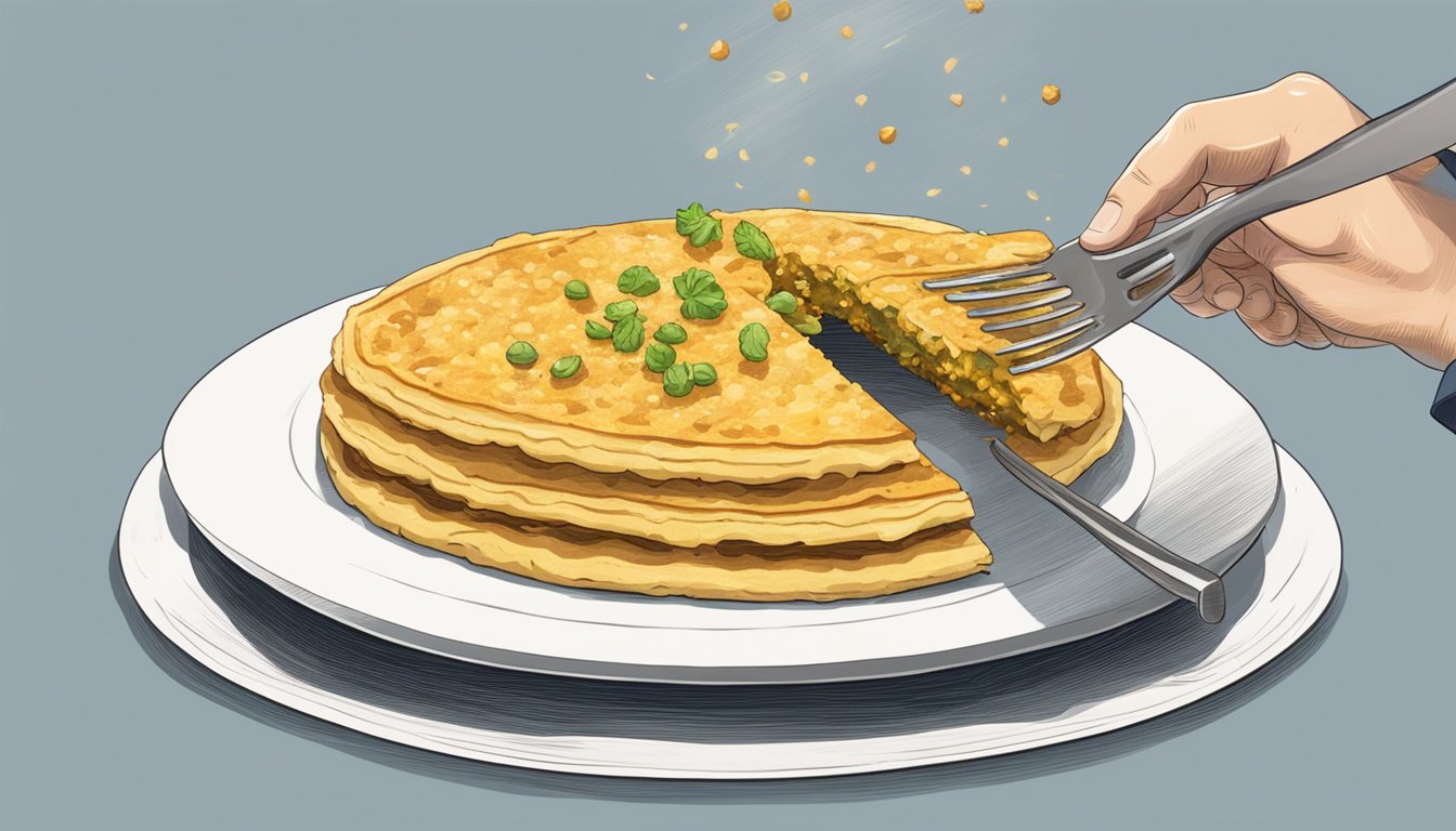 A person slicing into a golden, crispy farinata with a fork, steam rising from the savory chickpea pancake