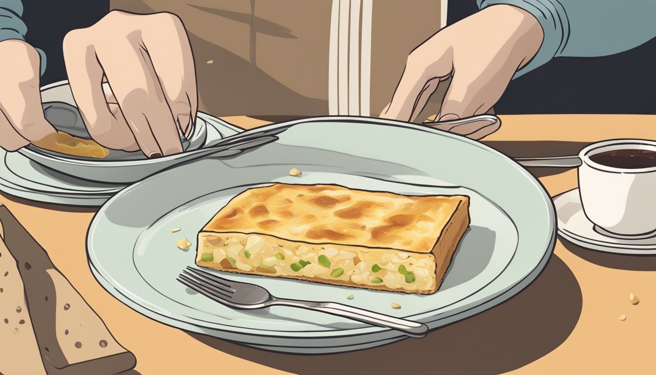 A person holding a slice of farinata on a plate, with a fork nearby. A small dish of salt and pepper sits next to the plate