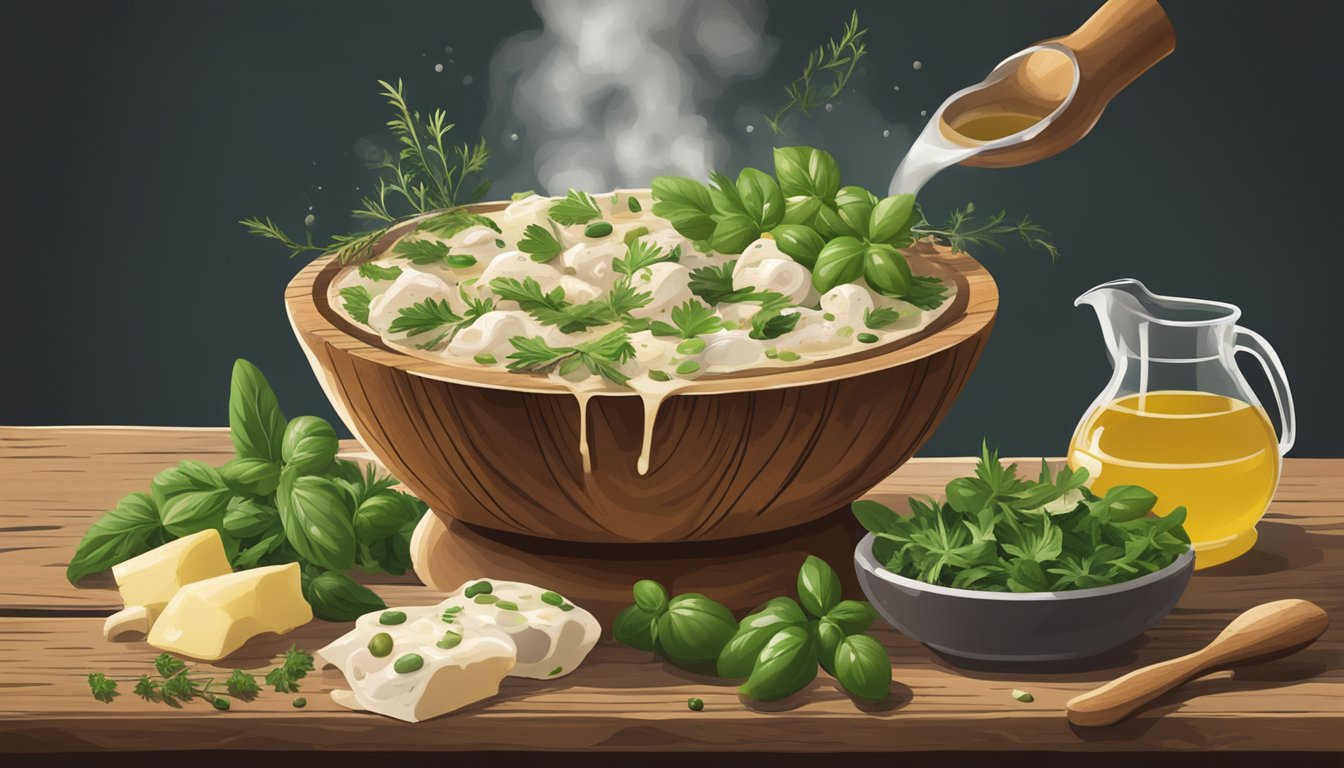 A steaming bowl of pizzoccheri sits on a rustic wooden table, surrounded by scattered sprigs of fresh herbs and a drizzle of olive oil