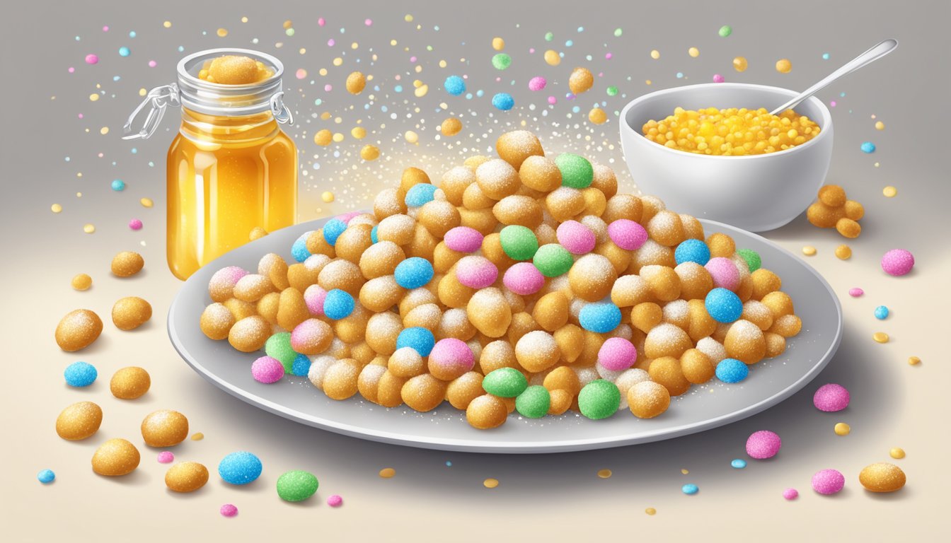 A table set with a plate of golden, honey-soaked struffoli surrounded by scattered colorful sprinkles and a dusting of powdered sugar