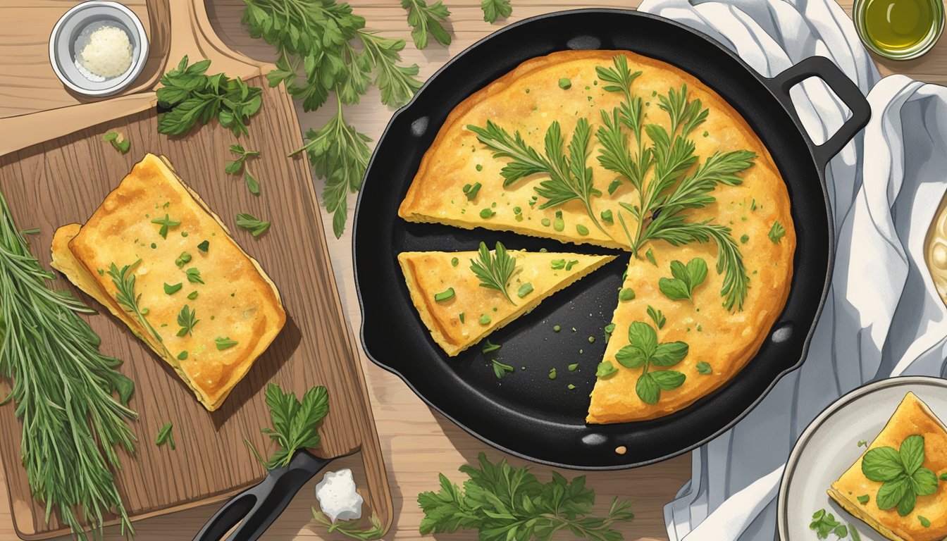 A golden farinata sizzling in a cast iron skillet on a stovetop. A spatula is lifting a crispy edge. On a plate, a slice is topped with fresh herbs and a drizzle of olive oil