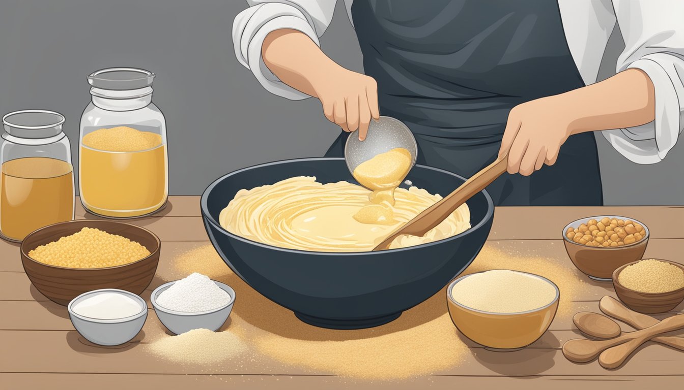 A person mixing flour, eggs, and honey in a large bowl to make struffoli dough