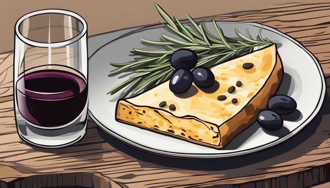 A slice of farinata on a rustic wooden plate with a sprig of rosemary, accompanied by a small bowl of mixed olives and a glass of red wine