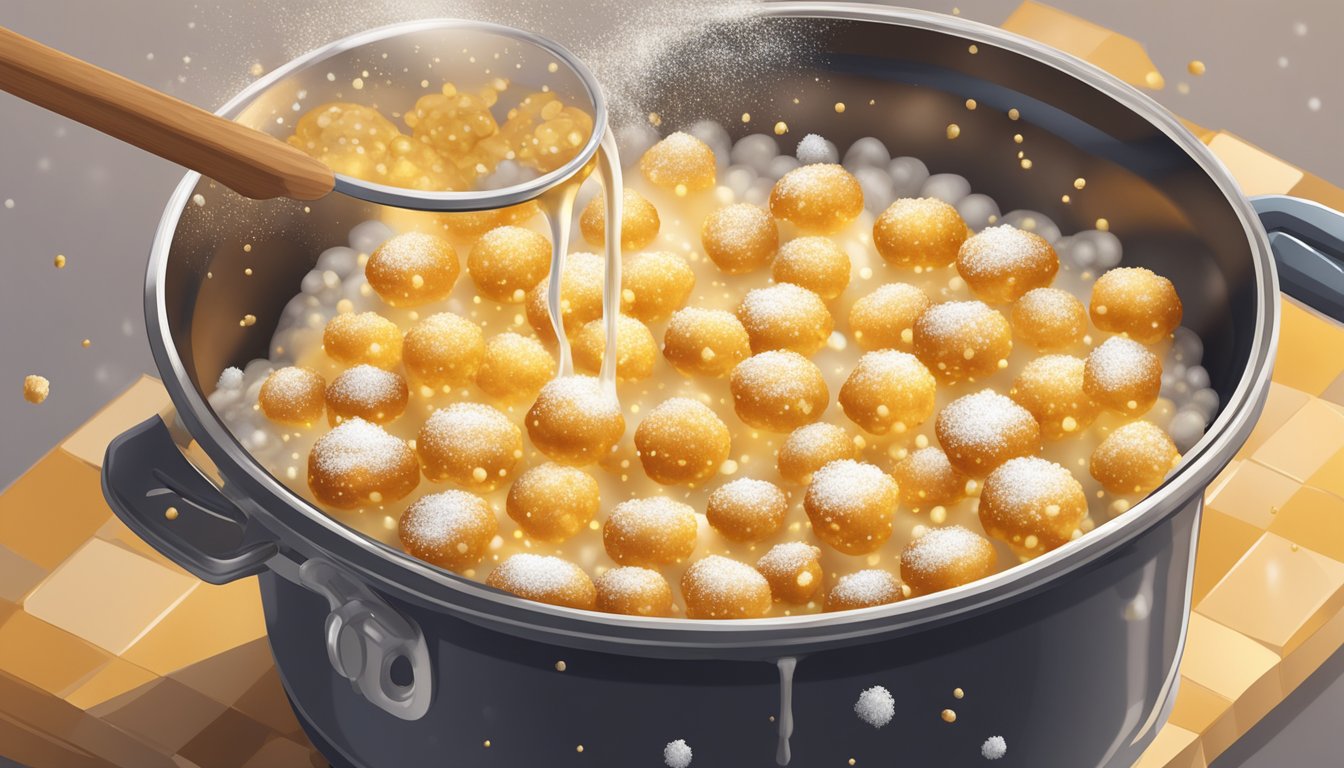 Struffoli being deep-fried in a pot of bubbling oil, golden and crispy, with a sprinkle of powdered sugar on top