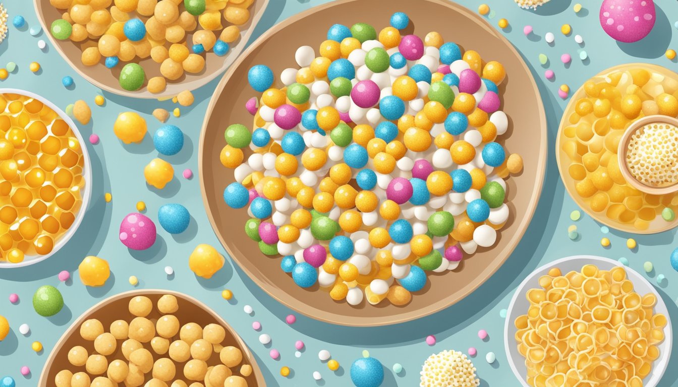 A plate of struffoli surrounded by honey and sprinkled with colorful nonpareils