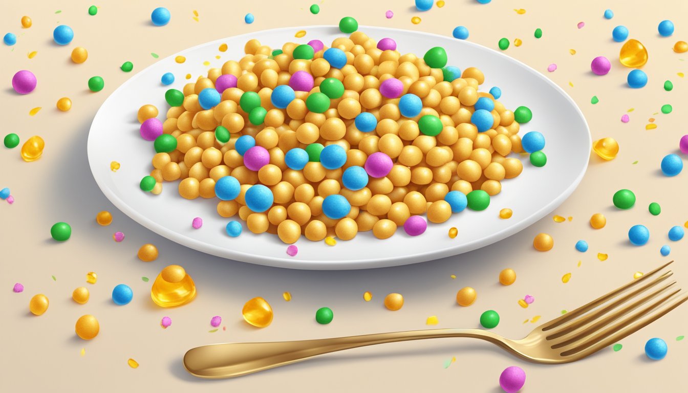 A plate of golden struffoli surrounded by scattered honey and colorful sprinkles, with a small fork resting nearby