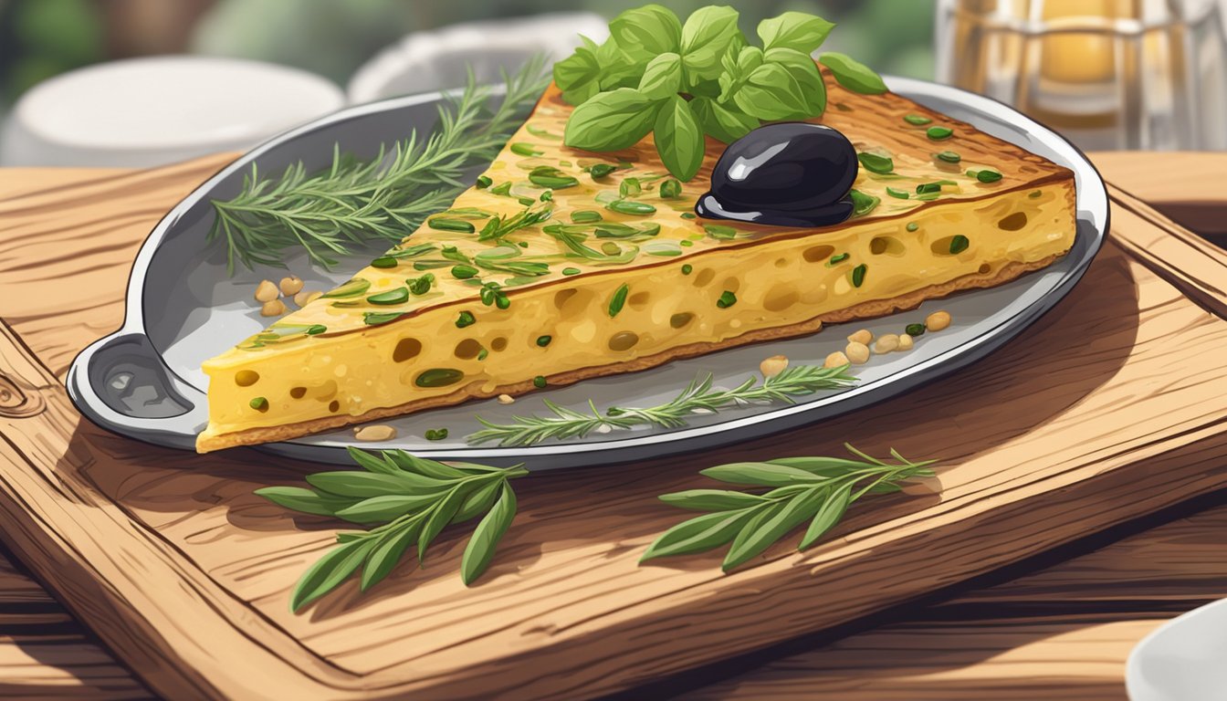 A slice of farinata being served on a wooden plate with a side of fresh herbs and a drizzle of olive oil