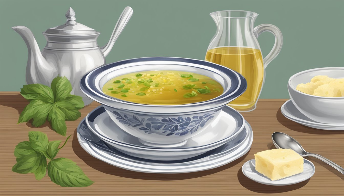 A table set with a bowl of canederli in broth, a spoon, and a napkin