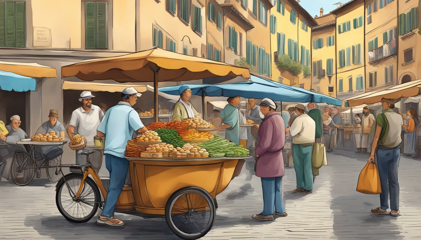 A street vendor serves a steaming bowl of lampredotto to a customer, surrounded by the bustling city of Florence, Italy