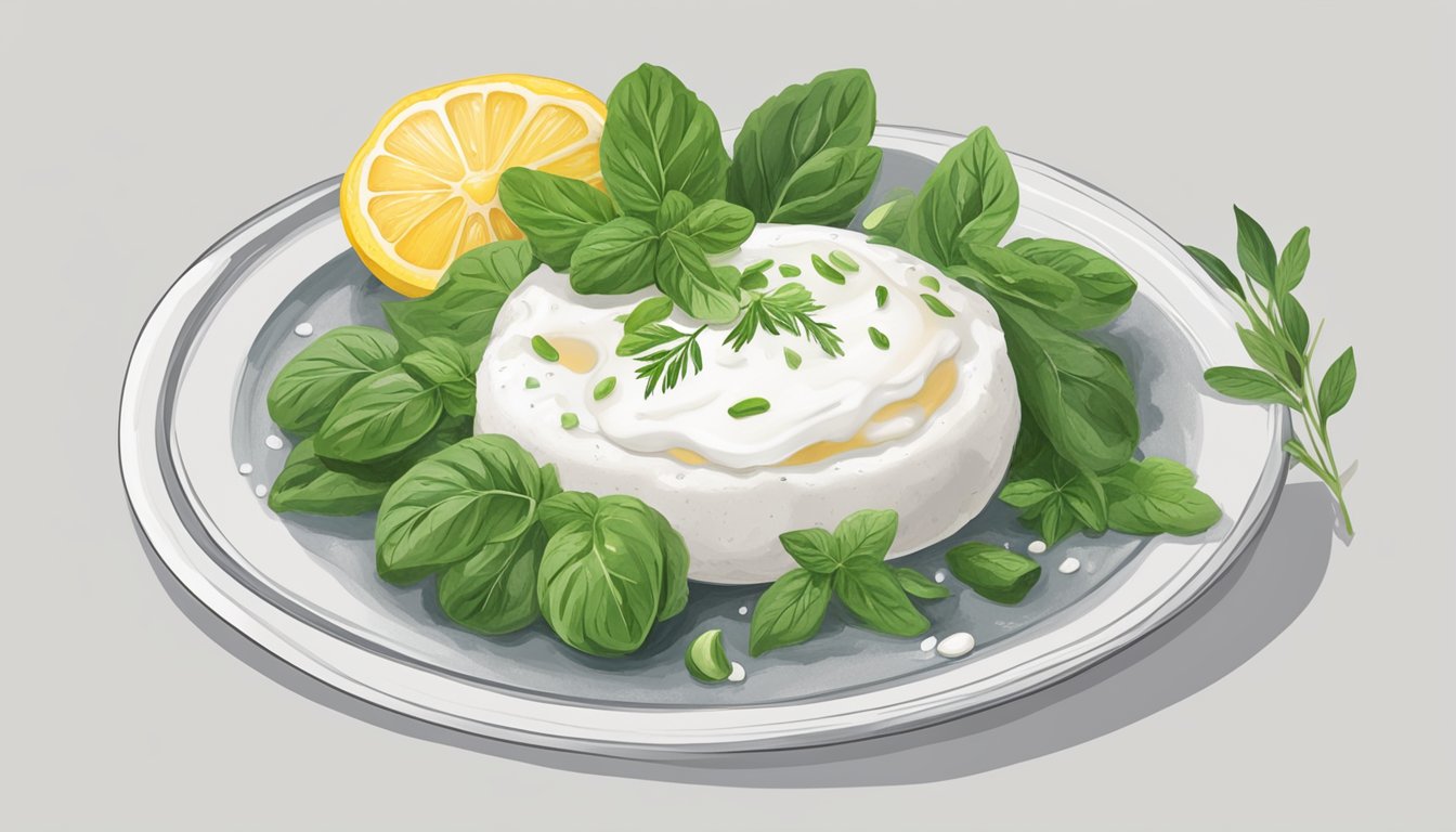 A steaming plate of canederli surrounded by fresh herbs and a dollop of sour cream