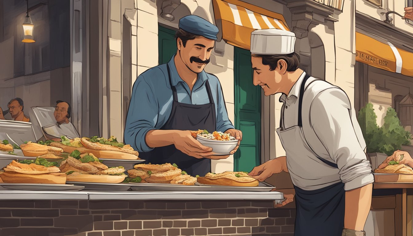 A street vendor serves a steaming bowl of lampredotto to a customer, who eagerly consumes the traditional Florentine tripe sandwich