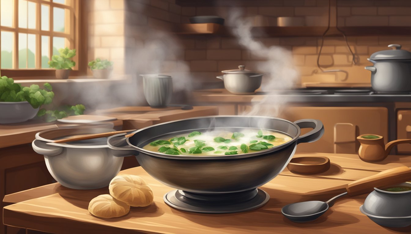 A steaming bowl of canederli served with a ladle, surrounded by a rustic kitchen setting with a pot on the stove and a wooden table