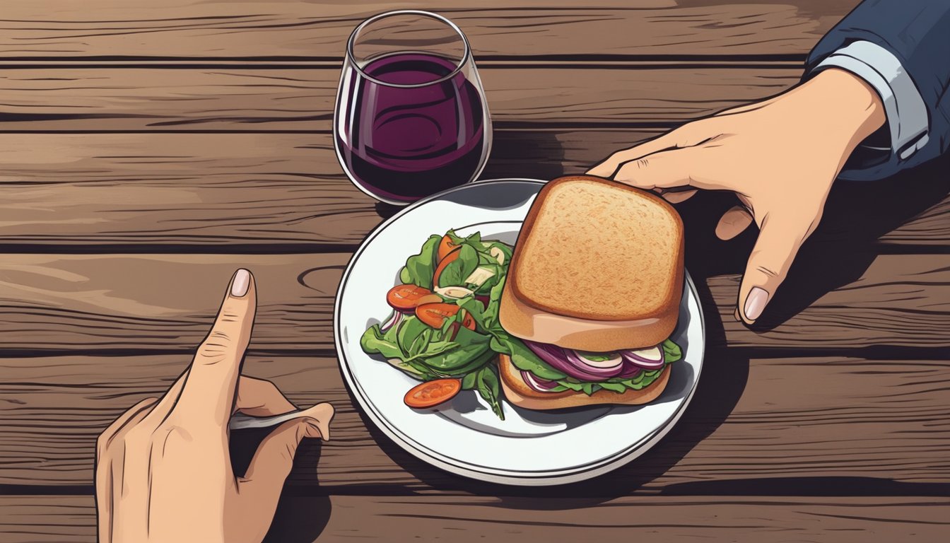 A hand reaching for a lampredotto sandwich on a rustic wooden table, accompanied by a glass of Chianti wine and a side of pickled vegetables