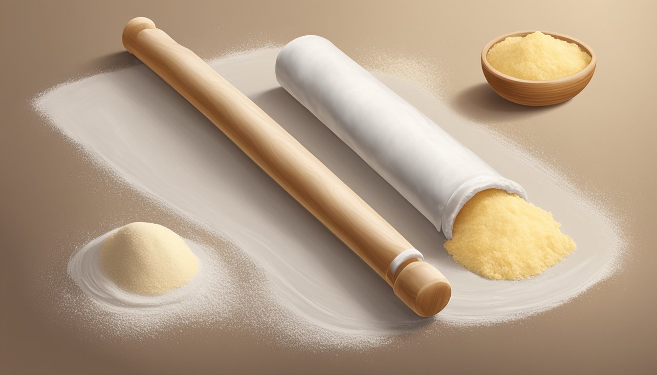 A rolling pin flattens pastry dough on a floured surface, ready to be filled and baked for pasticciotti